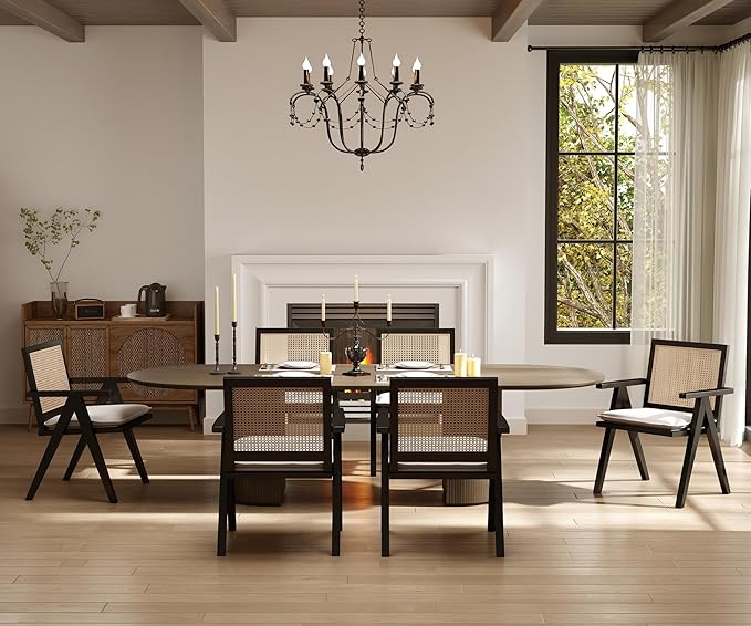 Rattan Dining Chairs Set of 6, Farmhouse Wicker Dining Chairs with Removable Linen Cushion Accent Cane Armchair for Dining Room Kitchen Restaurant, Black