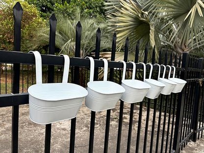 10" Hanging Flower Pots, Pack of 6 White Metal Outdoor Patio Balcony Planter, Railing Planters Fence Pot with Detachable Hook & Drainage Hole for Small Plants (White, 6Pcs)