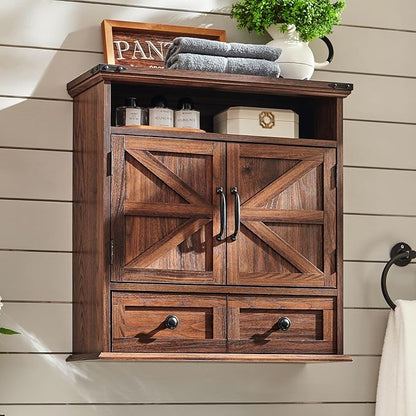 Bathroom Wall Cabinet, Farmhouse Medicine Cabinet, 24" Wide Cabinet with Drawer, Adjustable Shelf, Double Barn Doors, Storage Cabinet for Bathroom, Kitchen, Living Room, Brown