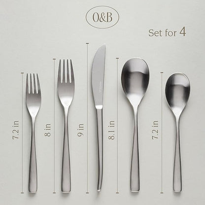 over&back 20pc Curved Flatware Cutlery Set - Comes with 4 Dinner Forks, 4 Salad Forks, 4 Dinner Knives, 4 Dinner Spoons, and 4 Teaspoons - 18/8 Stainless Steel - Dishwasher-Safe - Brushed Stainless
