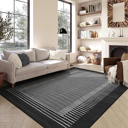 Wonnitar Washable Striped 5x7 Washable Area Rug, Non-Slip Black Berber Stripe Rugs for Living Room, Low Pile Minimalist Floor Carpet Rugs for Bedroom Dining Room Home Office (Black,5' x 7')