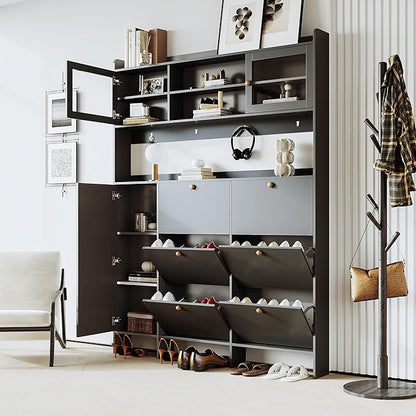 Ball & Cast Tipping Bucket 3-Tier Shoe Cabinet with 6 Flip Drawers and Storage Shelf,Entryway Hall Tree with Tempered Glass Doors and 4 Hooks,for Hallway,Mudroom,Living Room,Black
