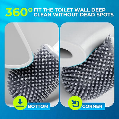 Silicone Toilet Brush and Holder Set with L-Shaped Brush Head, Wall Mounted Toilet Brush Set with Long Non-Slip Handles, Compact Toilet Bowl Cleaner Brush Suitable for RV Trailers & Bathroom (2 Pack)