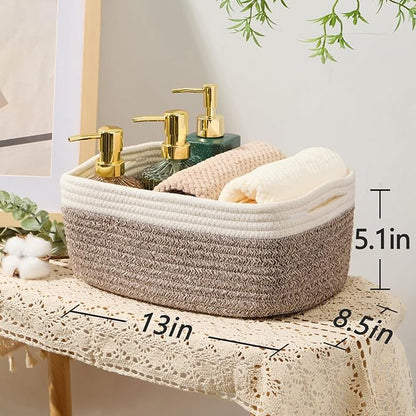 Small Storage Baskets for Organizing | Closet Organizer Bins | Shelf Toy Basket | Woven Rope Baskets | Cube Decorative Box | Shallow Basket | 13x8.5x5.1” | 4 Packs White Brown