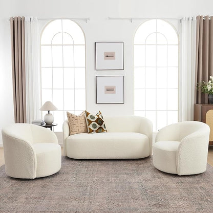 KINWELL 34" W Swivel Barrel Chair Set of 2, Mid Century Modern Round Upholstered Boucle Swivel Accent Chairs, No Assembly Sofa Chair for Living Room Bedroom Reading, Cream
