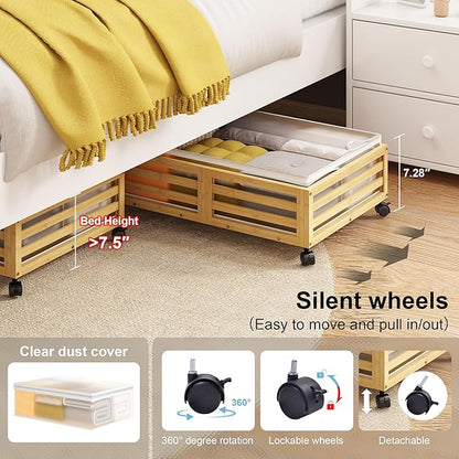 Under Bed Storage Containers With Wheels - 2 Pcs Bamboo Wood Rolling Underbed Shoe Storage Bins With Dust Bags for Clothes Blankets, Duvet Covers Snacks Toys (Natural)