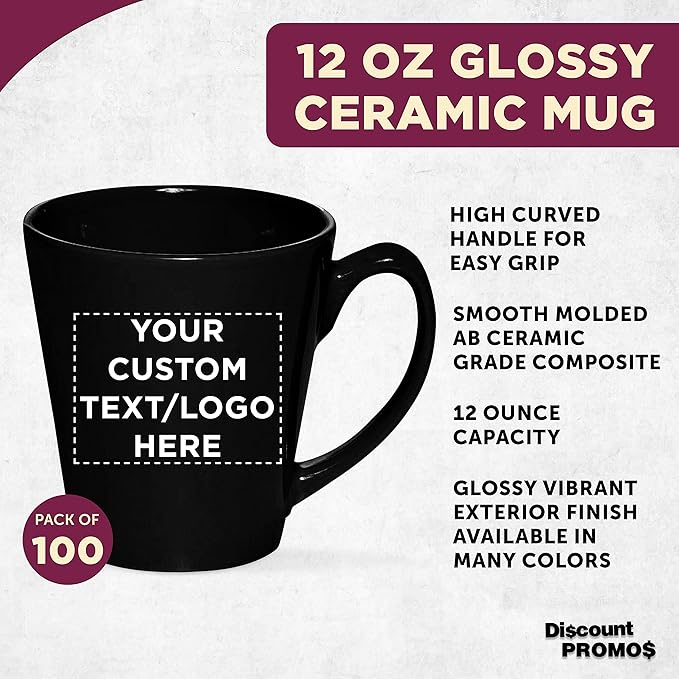 DISCOUNT PROMOS Custom Glossy Ceramic Latte Coffee Mug 12 oz. Set of 100, Personalized Bulk Pack - Perfect for Tea, Espresso, Cappuccino, Hot Cocoa - Black