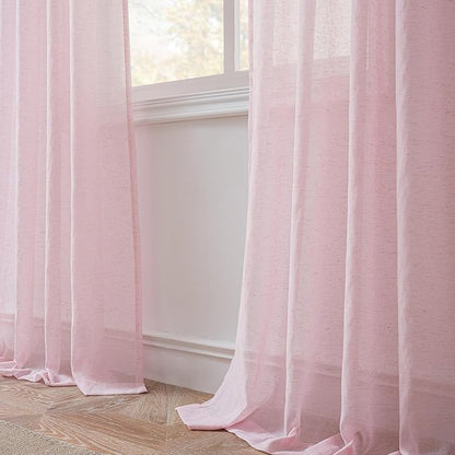 FMFUNCTEX Linen Sheer Curtains for Bedroom, Pink Curtains 84 inches Long for Living Room, Blush Pink Farmhouse French Flax Blend Window Draperies, Rod Pocket 2 Panels Set
