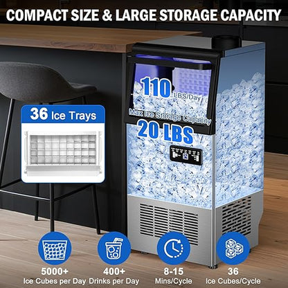 Commercial Ice Maker Machine 110 LBS/24H, 36 Ice Trays Freestanding & Undercounter Ice Machine Stainless Steel with 20 LBS Ice Storage Capacity, Ice Maker with Water Line and Filter, Dual Water Inlet