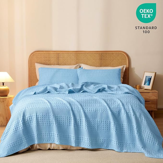 PHF 100% Cotton Waffle Weave Blanket King Size, Soft Lightweight Breathable Cozy Summer Blankets for Bed, Luxury Aesthetic Woven Bedding for Home Decor, 108"x90", Sky Blue
