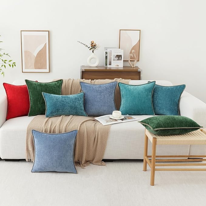 decorUhome Chenille Soft Throw Pillow Covers 12x20 Set of 2, Lumbar Velvet Farmhouse Neutral Decorative Euro Pillow Covers with Stitched Edge for Couch Sofa Bed Home Decor, Turquoise
