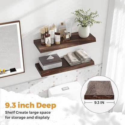 RICHFOCUS Live Edge Elm Floating Shelves - 24" W x 9.3" D Rustic Solid Wood Wall Shelves with Invisible Bracket, Wall-Mounted for Living Room, Bedroom, Kitchen Storage & Display, Set of 2, Walnut