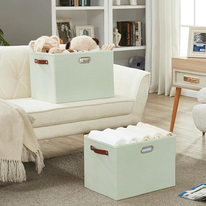 3-Pack Foldable Fabric Storage Bins with Durable PU & Metal Handles, Collapsible Storage Baskets for Shelves, Home Storage, Closet Organizers, Living Room(17"x11.8"x11.8", Sage Green)