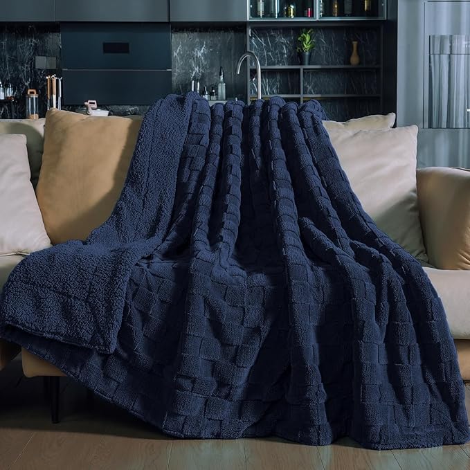 Pawque Super Soft Cozy Throw Blanket for Couch Bed - Fluffy Sherpa Fleece Reversible Thick Warm Fuzzy Blanket for All-Season, 3D Checkered Jacquard Elegant Decorative Blankets, Navy Blue, 50" x 60"