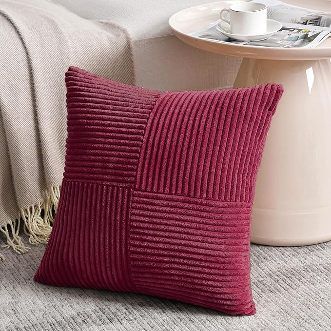 Fancy Homi 2 Packs Burgundy Samll Decorative Throw Pillow Covers 14x14 Inch with for Couch Bed Sofa, Rustic Farmhouse Boho Home Decor, Soft Corss Patchwork Corduroy Square Cushion Case 35x35 cm