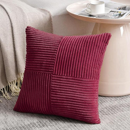 Fancy Homi 2 Packs Burgundy Samll Decorative Throw Pillow Covers 14x14 Inch with for Couch Bed Sofa, Rustic Farmhouse Boho Home Decor, Soft Corss Patchwork Corduroy Square Cushion Case 35x35 cm