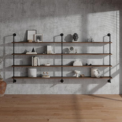 Industrial Pipe Wall Shelves With Real Wood Plank, 70 Inches Floating Shelves for Wall, 4 Tier Farmhouse Book Shelves, Dark Brown for Kitchen, Living Room Decor and Bar