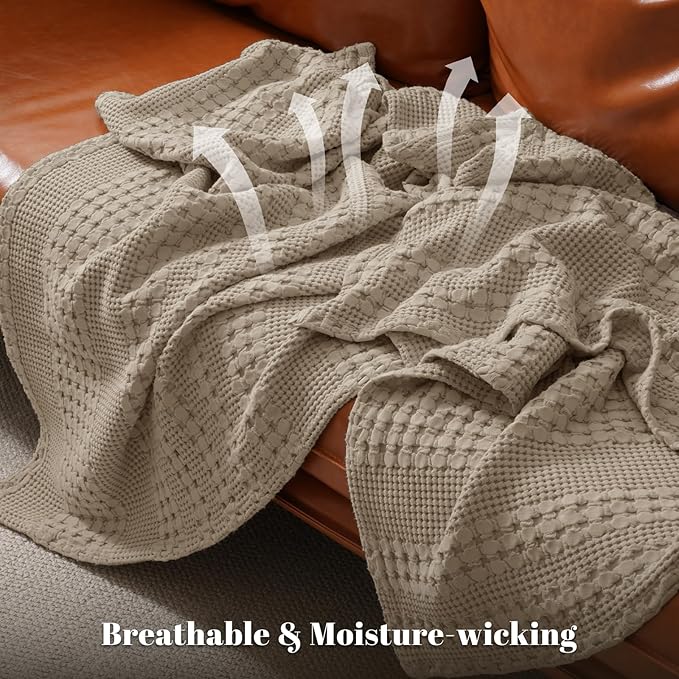 PHF 100% Cotton Waffle Weave Throw Blanket, Soft Lightweight Breathable Cozy Summer Throws for Couch Bed Sofa, Luxury Aesthetic Woven Blanket for Home Decor & Office, 50"x60", Simply Taupe