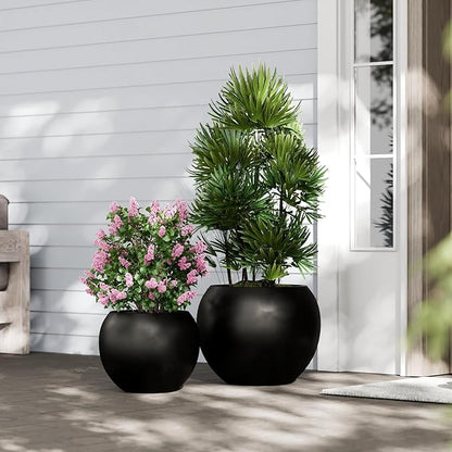 DTY Signature Mount Sherman Lightweight Durable Modern Fiberstone Sphere Planter for Indoor & Outdoor Drainage Hole & Rubber Plug Weather Resistant, 13.5" H x 17" Dia, 12" Opening- Medium, Black