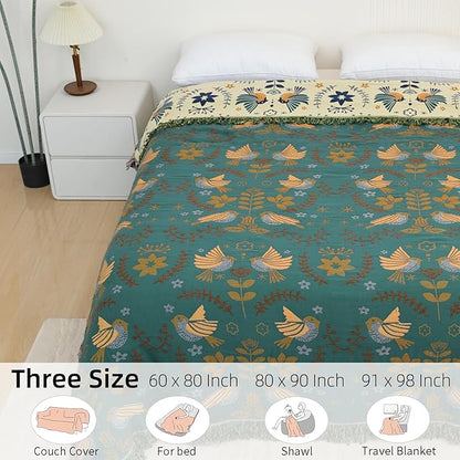 Boho Throw Blanket for Bed, 100% Pure Cotton Ultra Soft Rustic Quilt, Farmhouse Decor Bed Blankets, All Season Rustic Throw for Sofa Couch Chair(91''x 98'', Bird A)