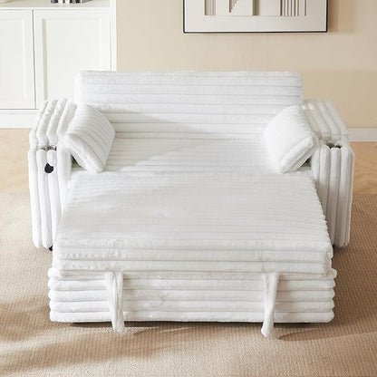 68.11" Corduroy Sleeper Chair Bed with USB Port, Cup Holders & Side Storage Pockets – 3-in-1 Foldable Sofa Bed for Guest Room, Living Room -White