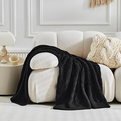 Longhui bedding Chunky Cotton Knit Throw Blanket for Couch, Sofa, Bed, or Chair, Decorative Breathable Fall Cable Knit Blanket 60 x 80 Inches, Large Black