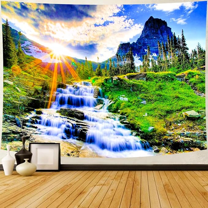 Delur Mountain Waterfall Tapestry Sunset Forest Tree Nature Landscape Tapestry Wall Hanging Tropical Sunrise Rainforest Psychedelic Scenic Headboard for Bedroom Living Room Home Decor (70.8" x 92.5")