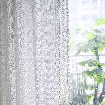 Sutuo Home White Boho Curtains Crochet Lace Semi-Sheer Bohemian Hollow Knitted Handmade Tassels, Rod Pocket Window Treatment Vintage Rustic Farmhouse Drapes for Glass Slide Door, 1 Panel 59" W x 90" L