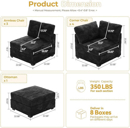 HOOOWOOO Modular Sectional Sofa,8 Pieces Sectional Couches for Living Room,131X98 G Shaped Cloud Couch with Ottoman Chaise(Black Velvet Corduroy)