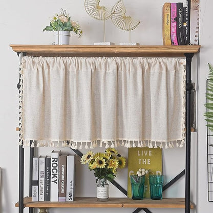 Sutuo Home Boho Sheer Curtain Valance Cotton Linen with Bohemian Handmade Tassels, Short French Farmhouse Window Treatment for Kitchen Cafe, Rod Pocket, 1 Panel 59" W x 18" L, Natural