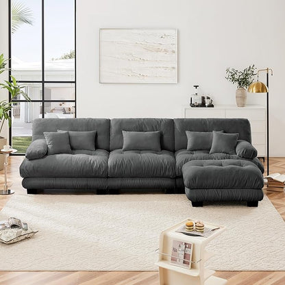 L Shaped Couch Sectional Couch, 3-Seater Cloud Couch Sectional Oversized Couch, Sofa Bed Couch with Round Bolster Armrests 5 Pillows, Modular Couch Home Sofa Living Room Couch(Gray)