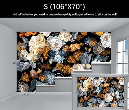 WFBHUA-Black and Gold Floral Wallpaper for Bedroom Vintage Blue Peony Flower Wall Mural (Not Peel and Stick)