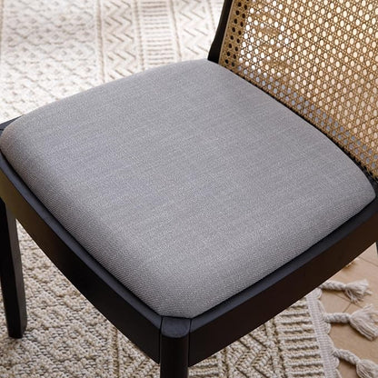 Mid Century Dining Chairs Set of 4, Accent Rattan Side Chairs Linen Fabric Kitchen Chair with Solid Wooden Legs for Living Room Dining Room, Grey