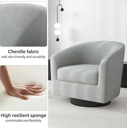 Swivel Barrel Accent Chair, Modern Round Chenille Fabric Arm Chair for Living Room, Bedroom, Comfy Club Reading Chairs for Adults（Chenille Fabric, Light Grey, Set of 4
