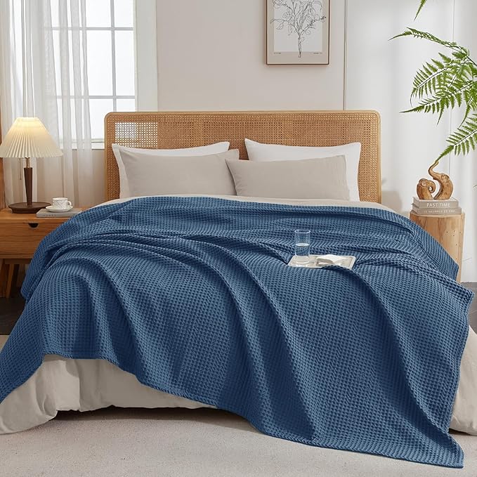 PHF Ultra Soft Waffle Weave Blanket Queen Size 90"x 90"- Washed Lightweight Breathablee Cozy Woven Blanket - Great for Couch Bed Sofa Home Car - Navy Blue