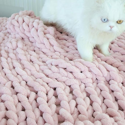 Maetoow Chenille Chunky Knit Blanket Throw （60×80 Inch）, Handmade Warm & Cozy Blanket Couch, Bed, Home Decor, Soft Breathable Fleece Banket, Christmas Thick and Giant Yarn Throws, Light Pink
