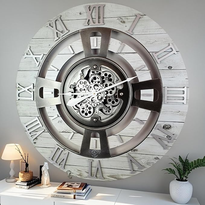 The Gears Clock Real Moving Gear Wall Clock England Line (White Farmhouse, 24 inches (60 cm))