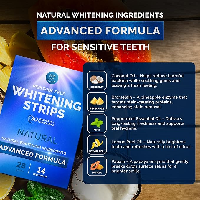 Whitening Strips for Sensitive Teeth 14 Treatments, Mint – Enamel Safe, Peroxide-Free Coconut Teeth Whitening Strips with Natural Enzymes – Gentle White Stips for Sensitive Gums & Daily Oral Care