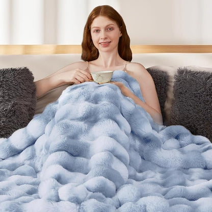 Touchat Luxury 1000GSM Faux Rabbit Fur Throw Blanket, Super Heavy Warm Cozy Grey Blankets for Couch Bed Sofa, Ruched Plush Fuzzy Elegant Soft Reversible Mink Blanket for Living Room Bedroom, Blue