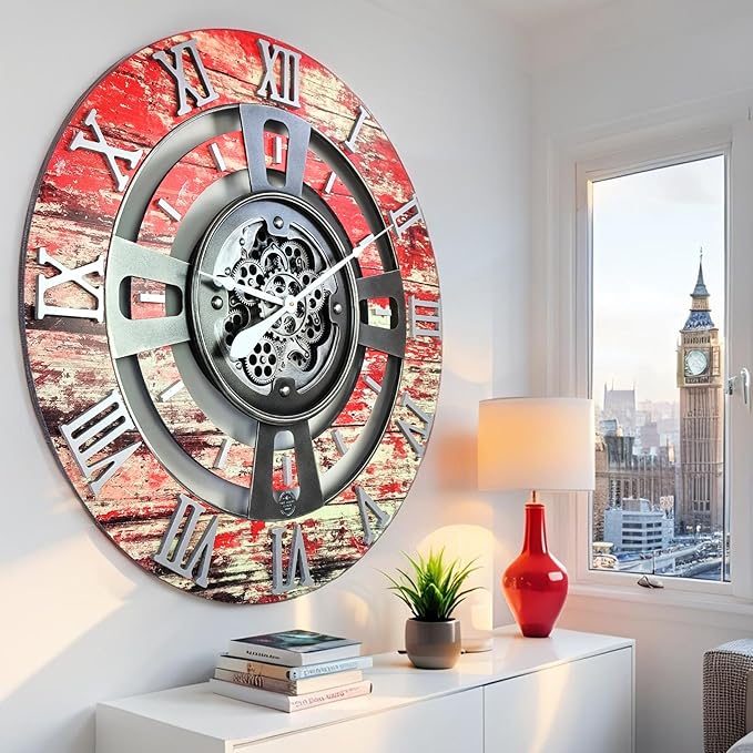 The Gears Clock Real Moving Gear Wall Clock England Line (Red Lava, 36 inches (90 cm))