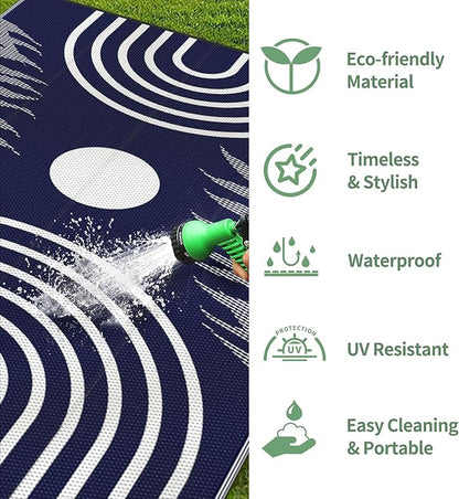 GENIMO Outdoor Rug 6' x 9' Waterproof for Patio Clearance, Reversible Lightweight Plastic Straw Camping Carpet, Large Area Rugs Mats for Rv, Backyard, Deck, Porch, Picnic, Balcony, Mix-Blue & White