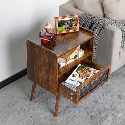 Lerliuo Rattan Nightstands Set of 2, Boho Side Table with Drawer Open Shelf, Cane Accent Bedside End Table with Solid Wood Legs for Bedroom, Dorm and Small Spaces (Brown)