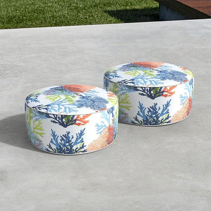 LVTXIII Outdoor Inflatable Ottoman, Patio Fade-Resistant Footrest Stool with Handle, Portable Round Ottoman Pouf for Patio Garden, Camping or Home Use, 21"x21"x9", Coral Multi