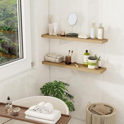Fun Memories Floating Shelves for Wall, 32" Rustic Wood Deep Wall Mounted Shelves with Invisible Brackets for Decor & Storage, Floating Shelf for Living Room, Bathroom (Oak, Set of 2)