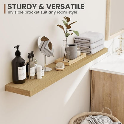 36 Inch Floating Shelves, 8 Inch Deep Floating Shelves for Wall, Hanging Shelf with Invisible Brackets, Deep Shelves for Bathroom, Bedroom, Living Room, Oak, Set of 2