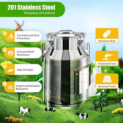 Stainless Steel Milk Can, 30L/7.9 Gallon Heavy Duty Airtight Storage Canister Milk Bucket with Lid, Embedded Silicone Milk Jug Wine Pail Water Cereals Bucket with Three Latches and Two Handles