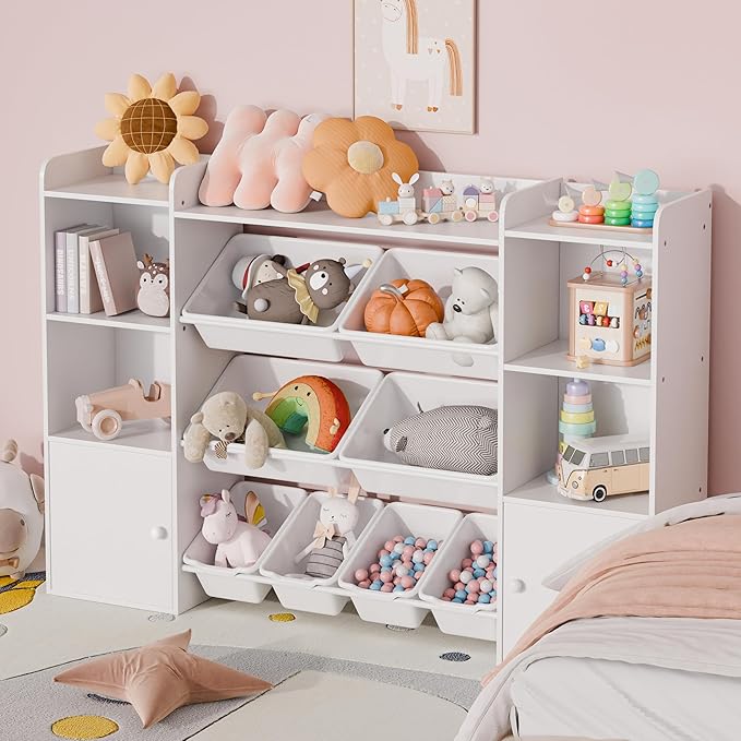 Xilingol Kids Toy Storage Organizer W/8 Removable Toy Bins, 4-Tier Toy Organizers W/6 Storage Cubbies, Kid Bookshelf and Toy Storage for Playroom, Bedroom, Kids Room, Classroom