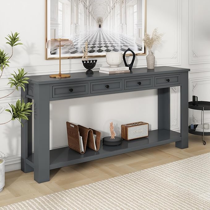 Solid Wood Console Table 63 in Long Sofa Table Entryway Table with 4 Drawers and Bottom Shelf for Hallway Living Room Couch Table,Fully Assembled,63" Tan