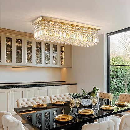 Modern Crystal Chandelier, 6 Lights Luxury Gold Rectangular Flush Mount Ceiling Light, Dining Room Light Fixture, Rectangle K9 Crystal Raindrop Chandelier for Living Room Bedroom L31.5 Inch