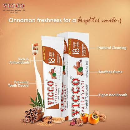 Vicco Vajradanti Ayurvedic Herbal Toothpaste by Vicco – 70 Year Legacy of Ayurveda, Cinnamon Flavour, with 18 Ayurvedic Herbs & Barks, 100% Natural, Vegan, Fluoride-Free & Cruelty-Free – 7 oz (1 Pack)